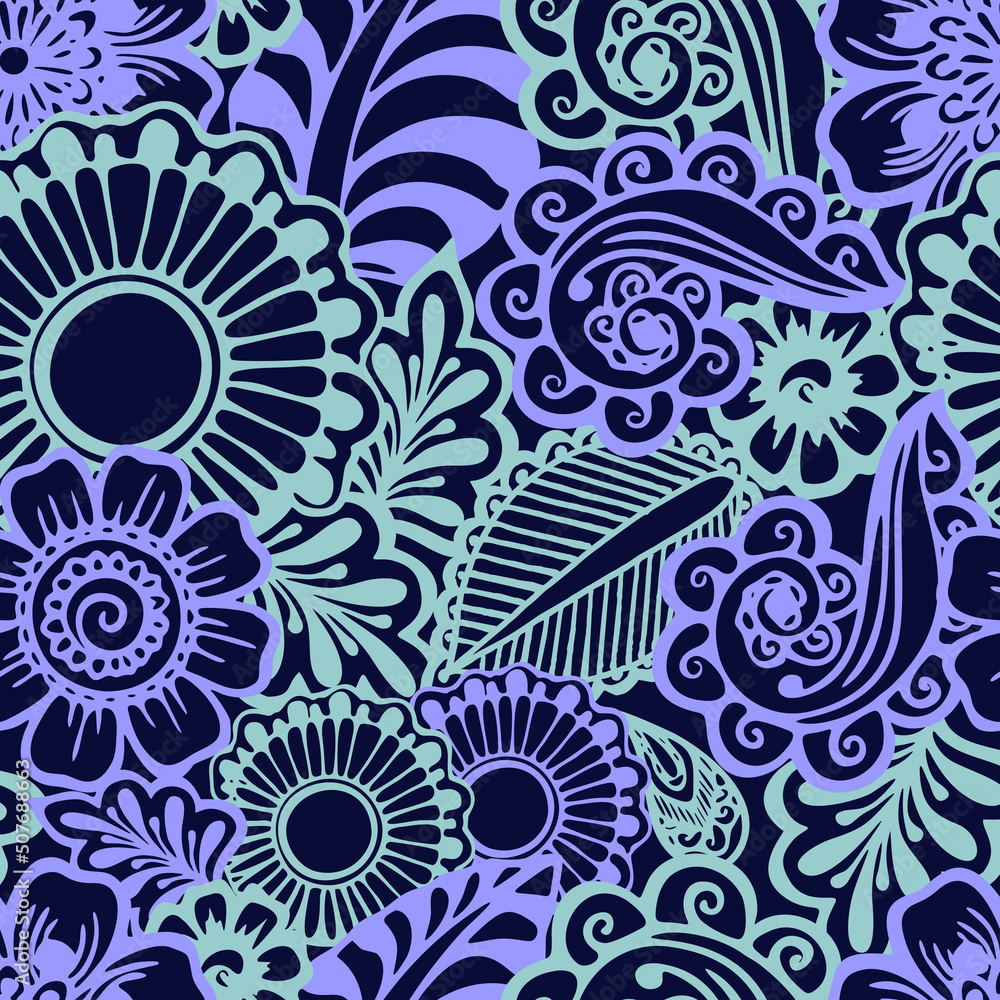Fototapeta premium lilic and blue seamless pattern on a blue background, floral repeating pattern, oriental motifs, mahendi