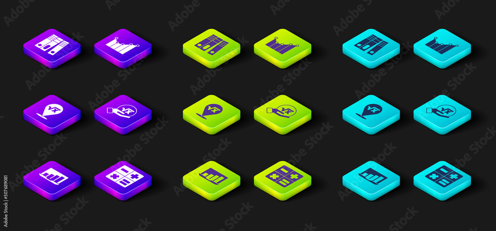 Set Laptop with graph chart, Calculator, Square root of x glyph, Graph, schedule, diagram and Office folders icon. Vector Set Laptop with graph chart, Calculator, Square root of x glyph, Graph, schedule, diagram and Office folders icon. Vector