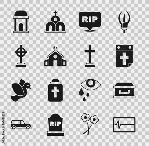 Set Beat dead in monitor, Coffin with cross, Calendar death, Speech bubble rip, Church building, Grave, Old crypt and icon. Vector