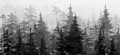 black and white drawing on a textured background depicts spruce trees with watercolor stains photo wallpaper