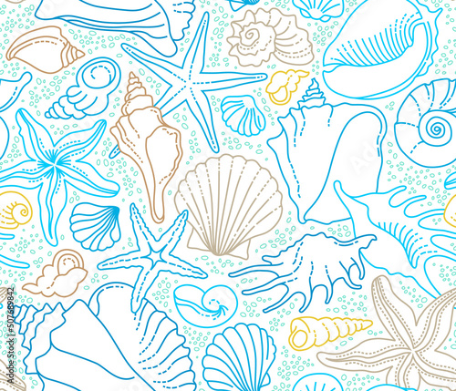 Fotografie, Obraz Vector seamless pattern of line art tropical sea elements, seashells, seastars