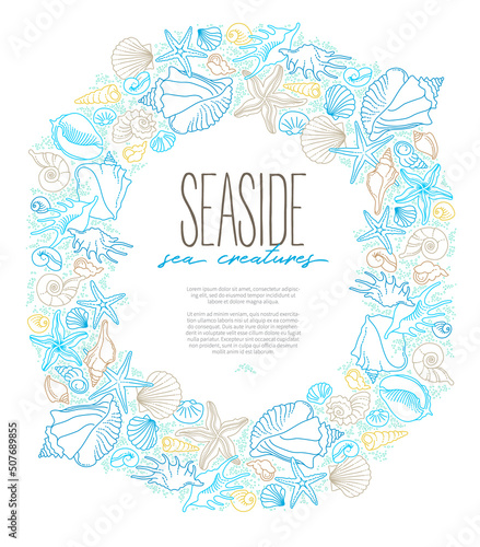 Vector frame, border of line art tropical sea elements, seashells, starfish. Doodles of marine life. Sea decor. Ocean, sea creatures. Maritime illustration