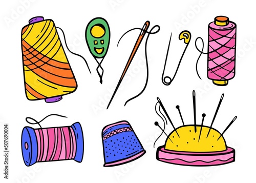 Needlework sewing knitting a large set of bright multicolored elements Hand made Vector illustration on a white background