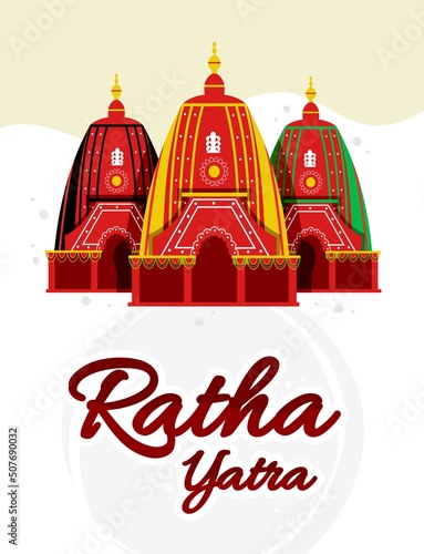 Ratha yatra festival A chariot with wooden deities of Jagannath, Baladeva and Subhadra. Holiday banner greeting card Vector illustration
