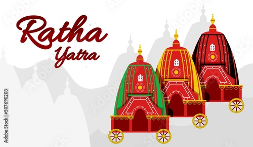 Ratha yatra festival A chariot with wooden deities of Jagannath, Baladeva and Subhadra. Holiday banner greeting card Vector illustration