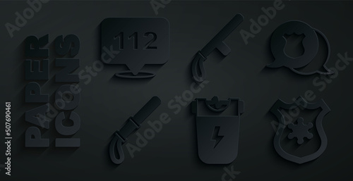Set Police electric shocker, badge, rubber baton, and Telephone call 112 icon. Vector
