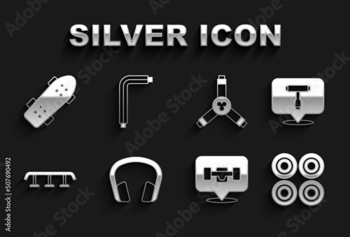 Set Headphones, Skateboard T tool, wheel, stairs with rail, Y-tool, and Tool allen keys icon. Vector