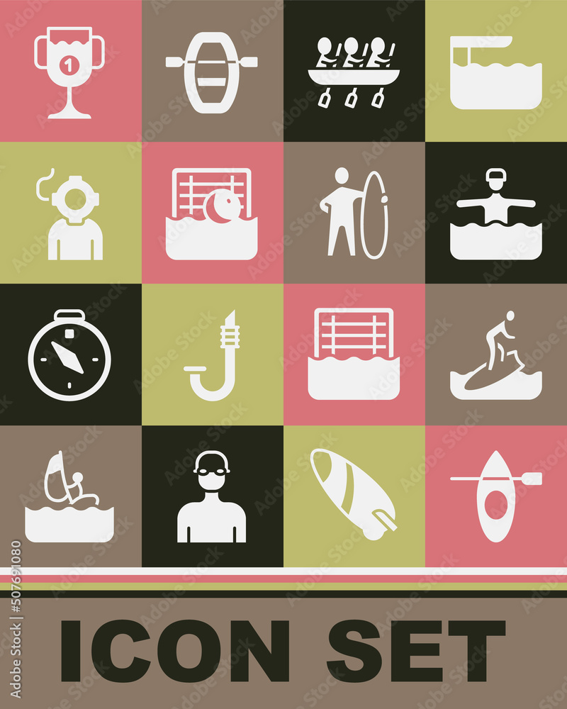 Set Kayak and paddle, Surfboard, Water gymnastics, Canoe rowing team sports, polo, Aqualung, Award cup and icon. Vector Set Kayak and paddle, Surfboard, Water gymnastics, Canoe rowing team sports, polo, Aqualung, Award cup and icon. Vector