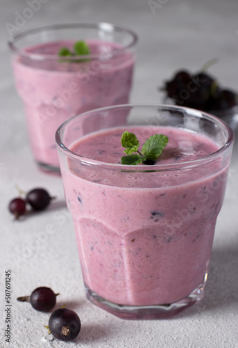 Natural yogurt with black currant in two glass on light gray background