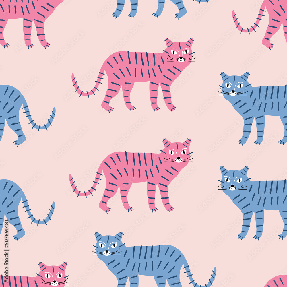 Funny colorful tigers hand drawn vector illustration. Tropical wild cats seamless pattern for kids fabric or wallpaper.