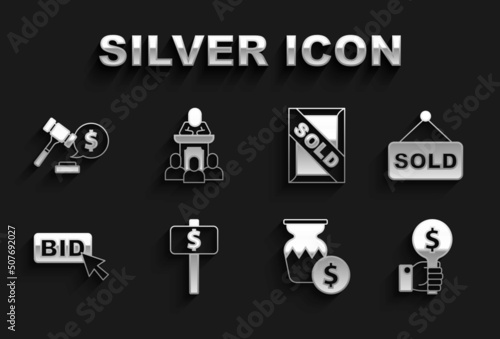 Set Hand holding auction paddle, Auction sold, ancient vase, Bid, painting, hammer price and auctioneer sells icon. Vector