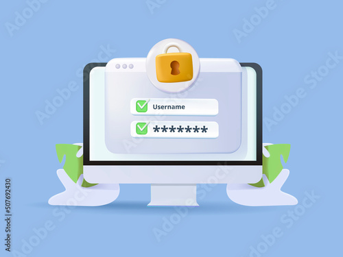 Personal data security 3D illustration. Information privacy, verification technologies, access control system, data