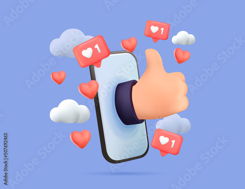 Online marketing Social media. Like, smile and thumb up hand icons. Marketing promotion, business, modern 3d like icon.