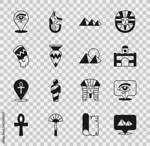Set Egypt pyramids, Eye of Horus, Egyptian house, vase, Nefertiti, and icon. Vector
