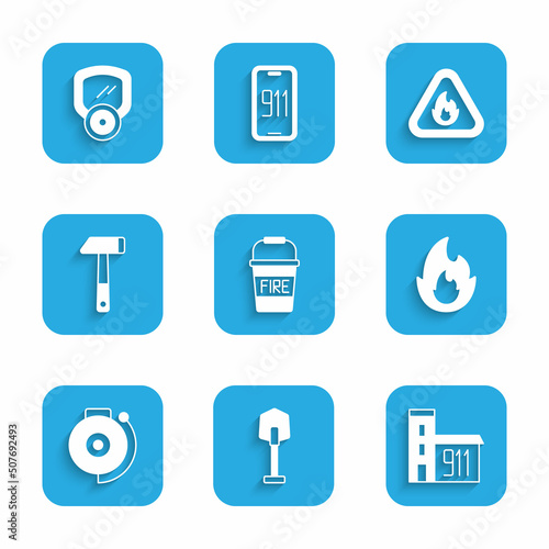 Set Fire bucket, shovel, Building of fire station, flame, Ringing alarm bell, Hammer, triangle and Gas mask icon. Vector