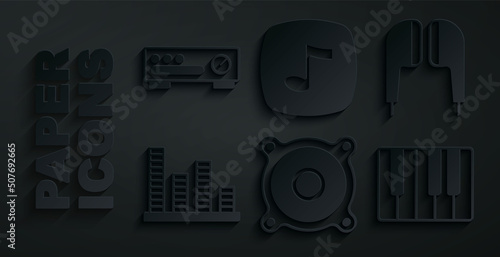 Set Stereo speaker, Air headphones, Music equalizer, synthesizer, note, tone and Sound mixer controller icon. Vector