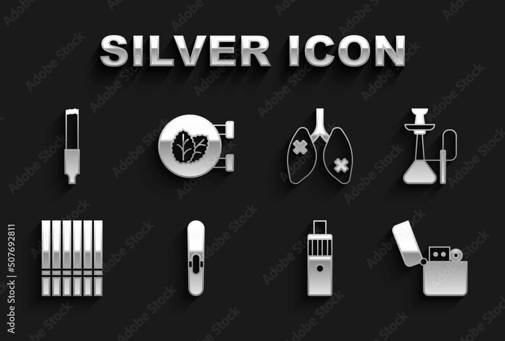 Set Cigar, Hookah, Lighter, Vape mod device, Cigarette, Disease lungs, and Tobacco leaf shop icon. Vector Set Cigar, Hookah, Lighter, Vape mod device, Cigarette, Disease lungs, and Tobacco leaf shop icon. Vector