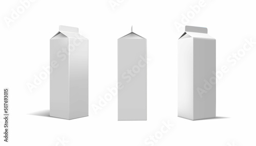 3d realistic vector icon set. Mockup of white drink carton packs. Milk dairy packaging.