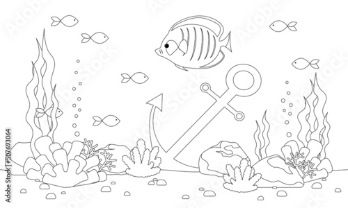 Coloring Page with Cartoon Underwater Sea Landscape. Marine illustration with fishes and seaweed. Vector coloring book
