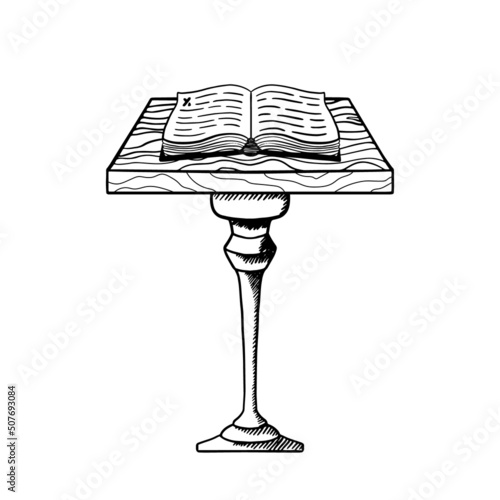 Old open book of spells on the table. Bible on a pedestal. Vintage hand drawn vector illustration