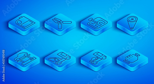 Set line Canister for motor machine oil, Car battery jumper power cable, Gear shifter, Tow truck, transporter, Timing belt kit, Repair car on lift and Check engine icon. Vector