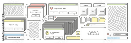 Old computer aestethic. Retro pc elements, user interface, operating system, windows, icons in trendy y2k retro style. Sticker pack of retro pc vector illustrations. Nostalgia for 1990s -2000s.