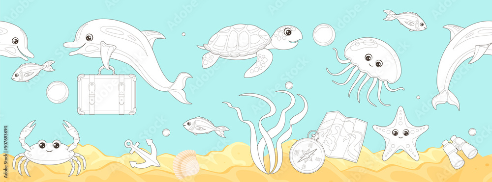 Coloring page outline of cartoon underwater sea life. Undersea landscape with cute dolphins, funny crab, fish, jellyfish, turtle, starfish and travel stuff. Coloring book for children. Vector Coloring page outline of cartoon underwater sea life. Undersea landscape with cute dolphins, funny crab, fish, jellyfish, turtle, starfish and travel stuff. Coloring book for children. Vector