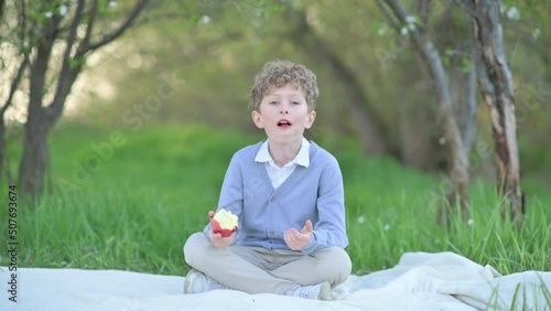 Cute funny child eats a ripe juicy apple while sitting on a green meadow. Happy little boy eats apple outdoor. Healthy diet.
