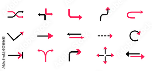 Road arrows set. Collection of graphic elements for website, page interface. Direction and button design for transition and navigation. Cartoon flat vector illustrations isolated on white background