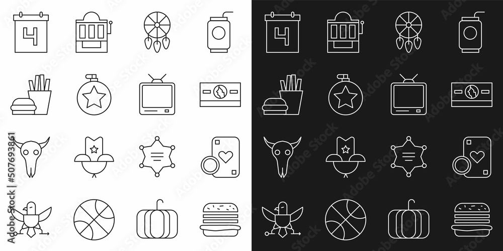 Set line Burger, Casino chip and playing cards, Stacks paper money cash, Dream catcher with feathers, Canteen water bottle, french fries, Calendar date July 4 and Retro tv icon. Vector Set line Burger, Casino chip and playing cards, Stacks paper money cash, Dream catcher with feathers, Canteen water bottle, french fries, Calendar date July 4 and Retro tv icon. Vector