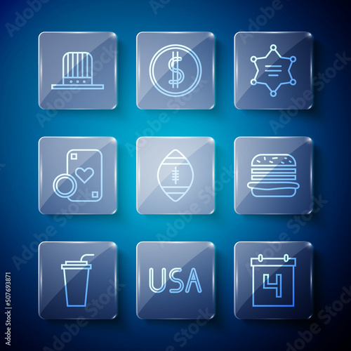 Set line Paper glass with straw, USA label, Calendar date July 4, Hexagram sheriff, American Football ball, Casino chip and playing cards, Patriotic top hat and Burger icon. Vector