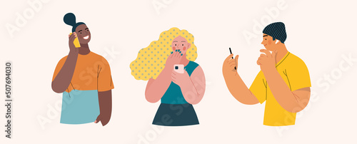 People portraits -Talking on the phone -Modern flat vector concept illustrations of man and women of various races talking on phone, half-length portrait, user avatar. Creative web illustartion set