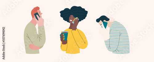 People portraits -Talking on the phone -Modern flat vector concept illustrations of man and women of various races talking on phone, half-length portrait, user avatar. Creative web illustartion set