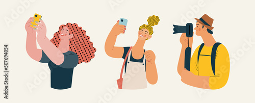 People portrait - Taking photos -Modern flat vector concept illustration of a people taking photo with a phone or camera, half-length portrait, user avatar. Creative landing web page illustartion