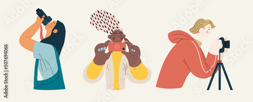 People portrait - Taking photos -Modern flat vector concept illustration of a people taking photo with a phone or camera, half-length portrait, user avatar. Creative landing web page illustartion