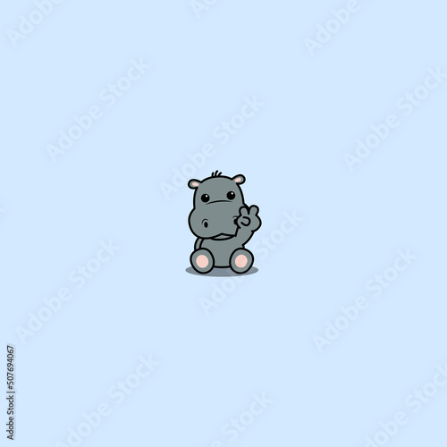 Cute hippopotamus sitting and showing V sign hand cartoon icon, vector illustration
