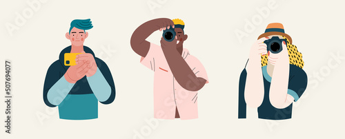People portrait - Taking photos -Modern flat vector concept illustration of a people taking photo with a phone or camera, half-length portrait, user avatar. Creative landing web page illustartion