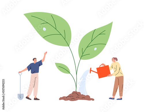 People watering plant vector illustration.