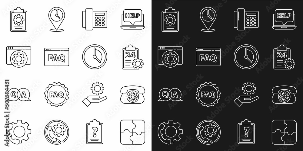 Set line Piece of puzzle, Telephone, Checklist with 24 hours service, Browser FAQ, setting, and Time Management icon. Vector