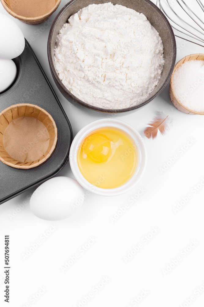 Baking ingredients on white background. Food background. Top view 