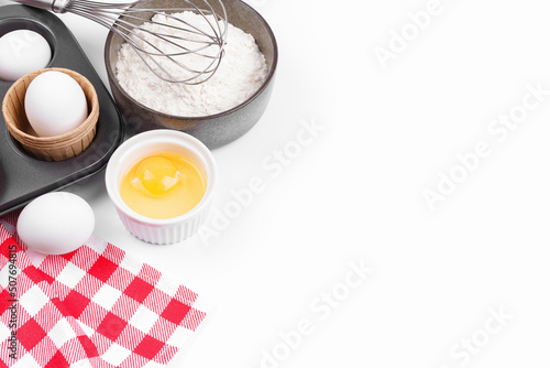 Baking ingredients on white background. Food background 