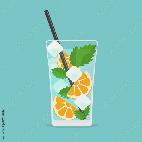 Summer cocktail. Cocktail with orange and mint. Summer cocktails party. Cocktail vector.