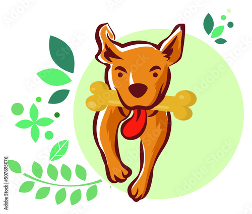 Cute cartoon dog icon. Hand-drawn wolf wearing a scarf. A blue shepherd dog gives a bone. A puppy with closed eyes is dreaming. Pet sketch. Abstract animal, colored bright doodle.