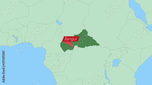 Map of Central African Republic with pin of country capital.
