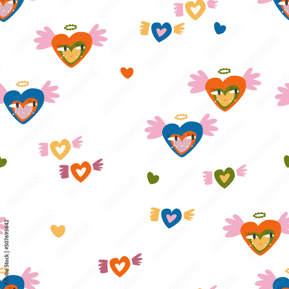 Hearts with wings seamless pattern. Trendy digital paper for valentines day.