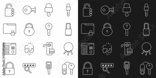 Set line House with key, Bunch of keys, Lock, and, Folder lock, Safe combination and Undefined icon. Vector