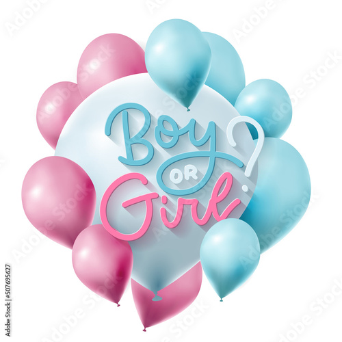 Gender reveal party banner element. Boy or girl question on background of the helium balloons. Newborn baby. Vector realistic 3d illustration. Poster, sticker template, invitation for Baby shower.