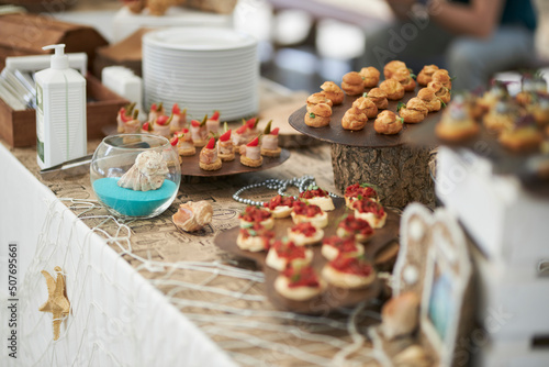 various snacks and snacks on the table at the party, close-up