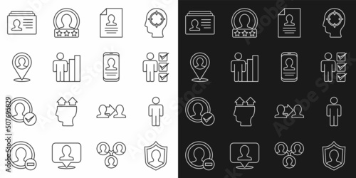 Set line User protection, of man, in business suit, Resume, Productive human, Location with person, and Mobile resume icon. Vector