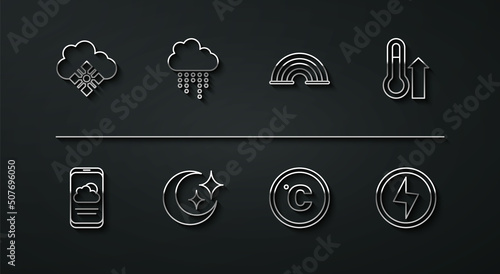 Set line Cloud with snow  Weather forecast  Meteorology thermometer  Celsius  Moon and stars  rain  Lightning bolt and Rainbow icon. Vector
